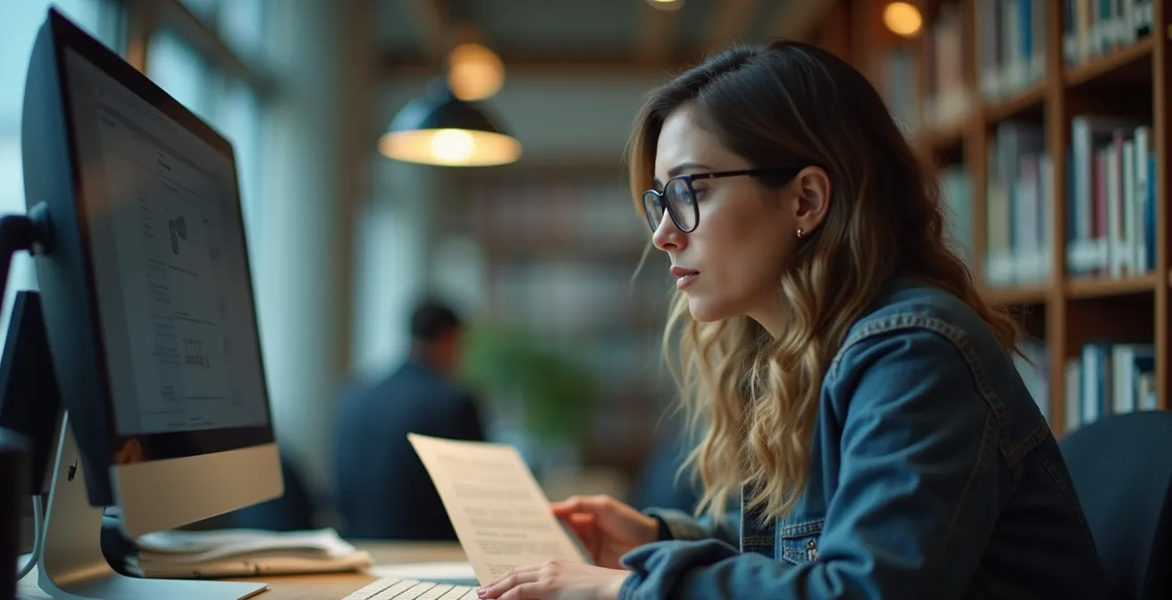 Researcher accessing digital Irish archives on computer from Canadian library