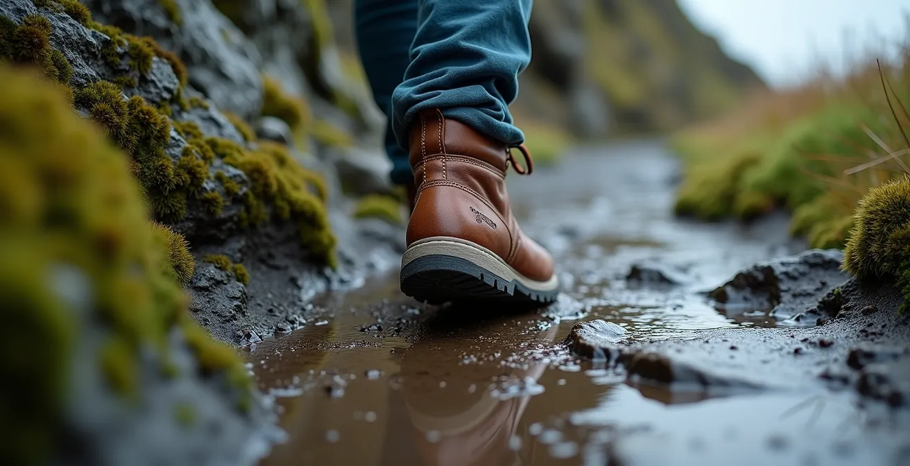 Close-up of hiking boot navigating rocky Irish coastal path
