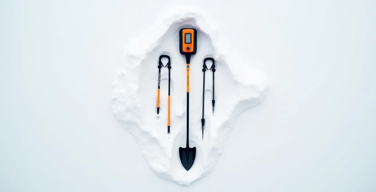 Avalanche beacon, probe and shovel arranged on pristine snow in minimalist composition