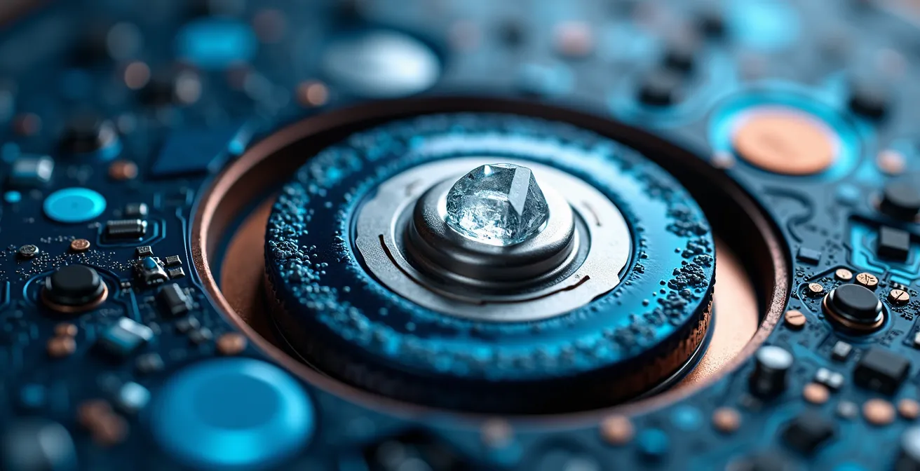 Extreme close-up of battery cell internal structure showing crystalline formations and metallic textures