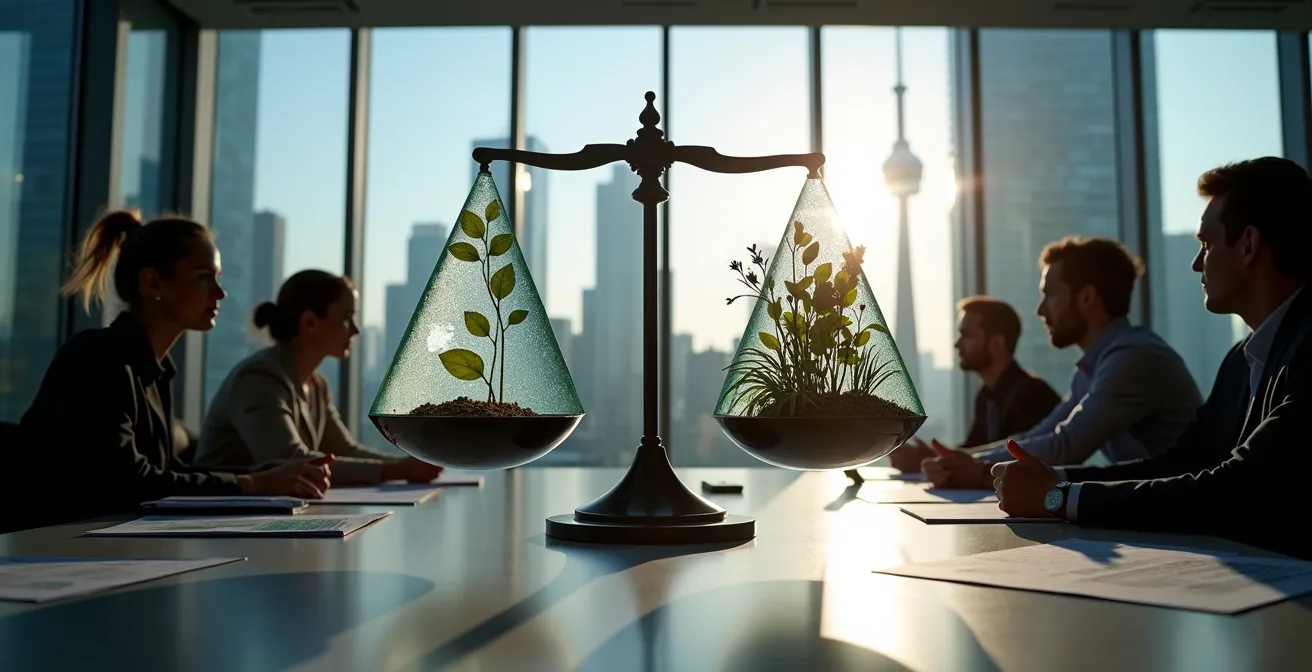 Business professionals examining transparent investment scales balancing certification costs against impact benefits