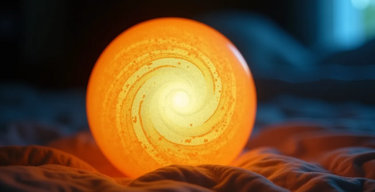 Extreme close-up of sunrise alarm clock emitting warm gradual light in a dark bedroom