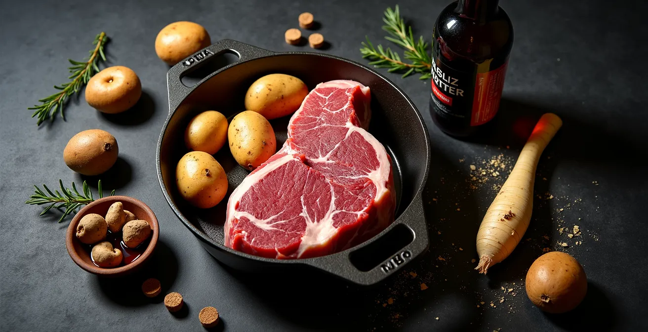 Raw ingredients for Canadian-adapted Irish stew arranged symbolically