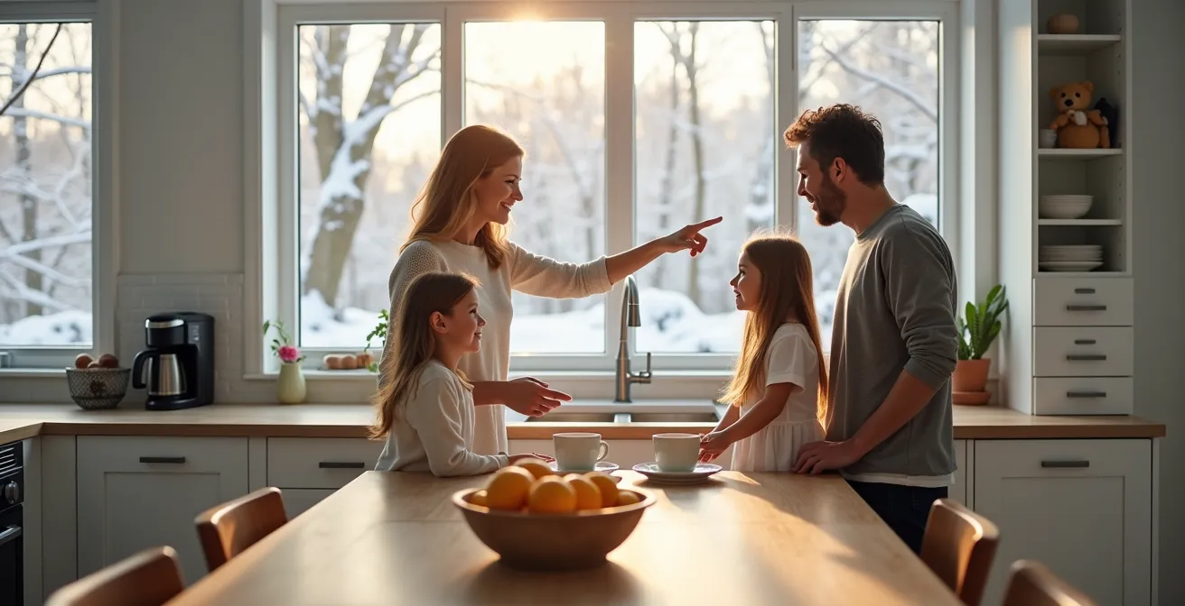 Canadian family practices Irish phrases during breakfast in a kitchen with maple trees visible outside