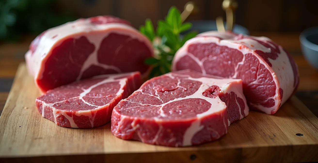 Various cuts of Canadian meats displayed on a butcher's block showing marbling and texture differences