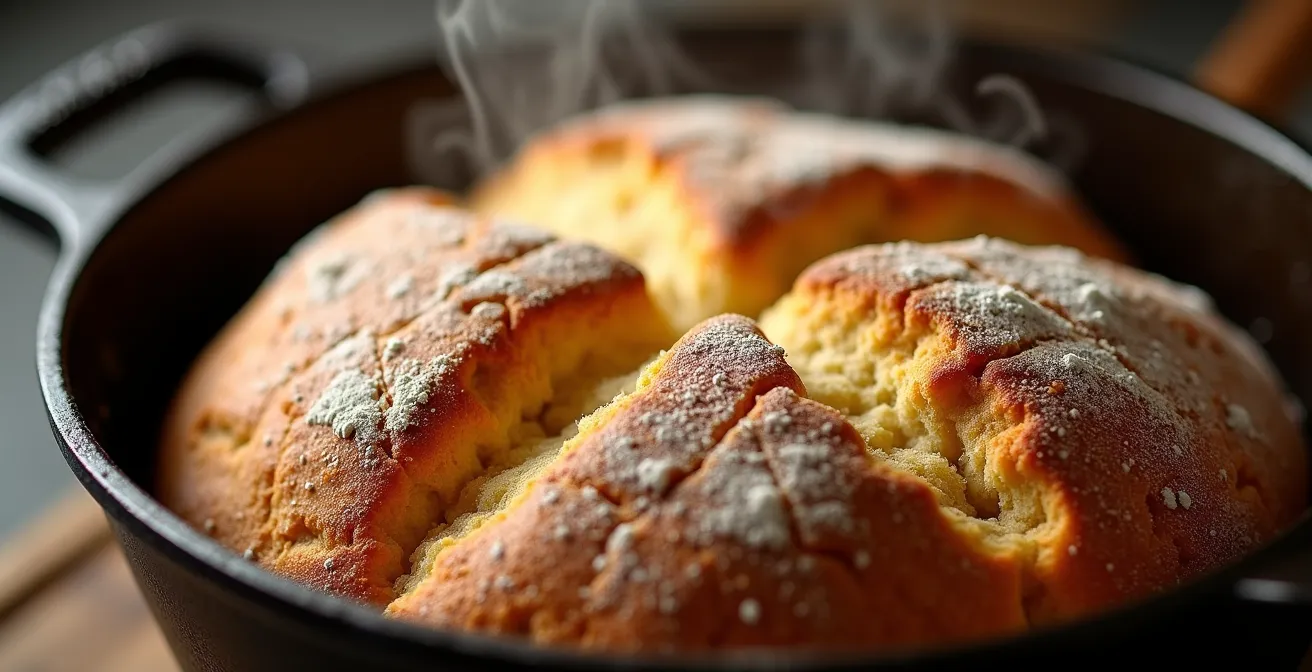 Soda bread baking in a cast iron Dutch oven, showing the characteristic golden crust and cross-score.