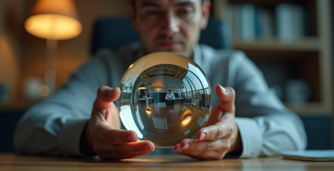 Professional examining thought bubbles representing different scenarios