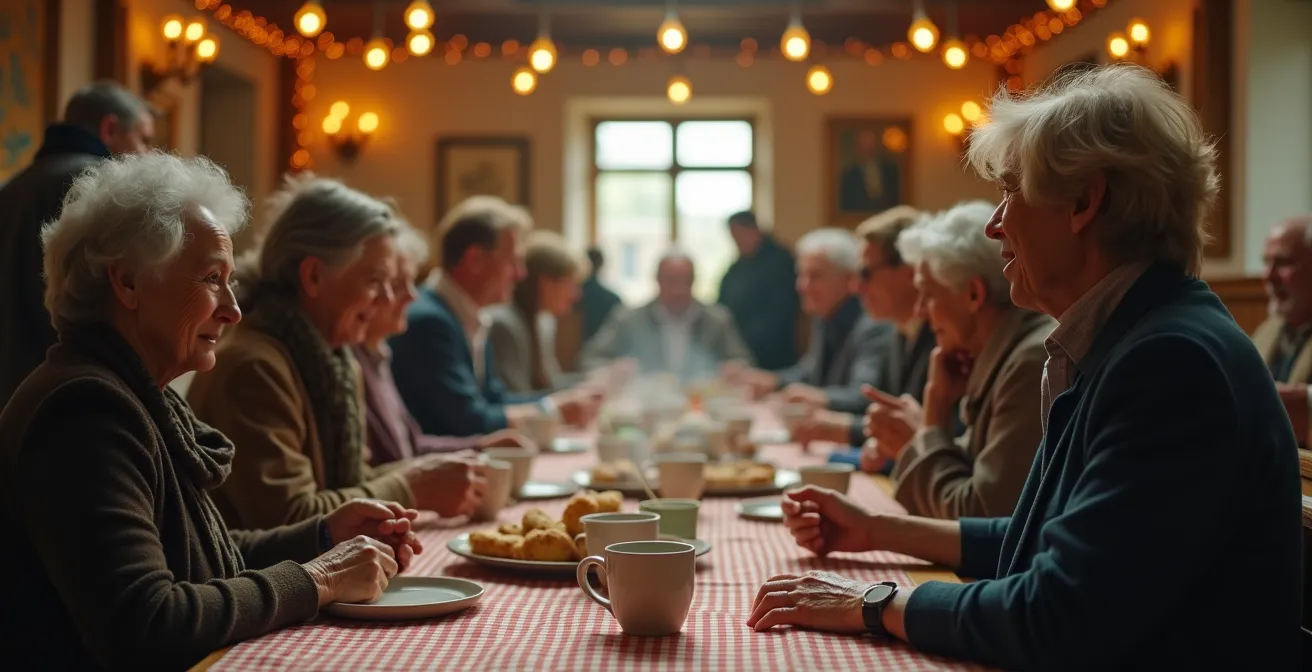 Warm community gathering during céilí tea break with people of all ages chatting over refreshments