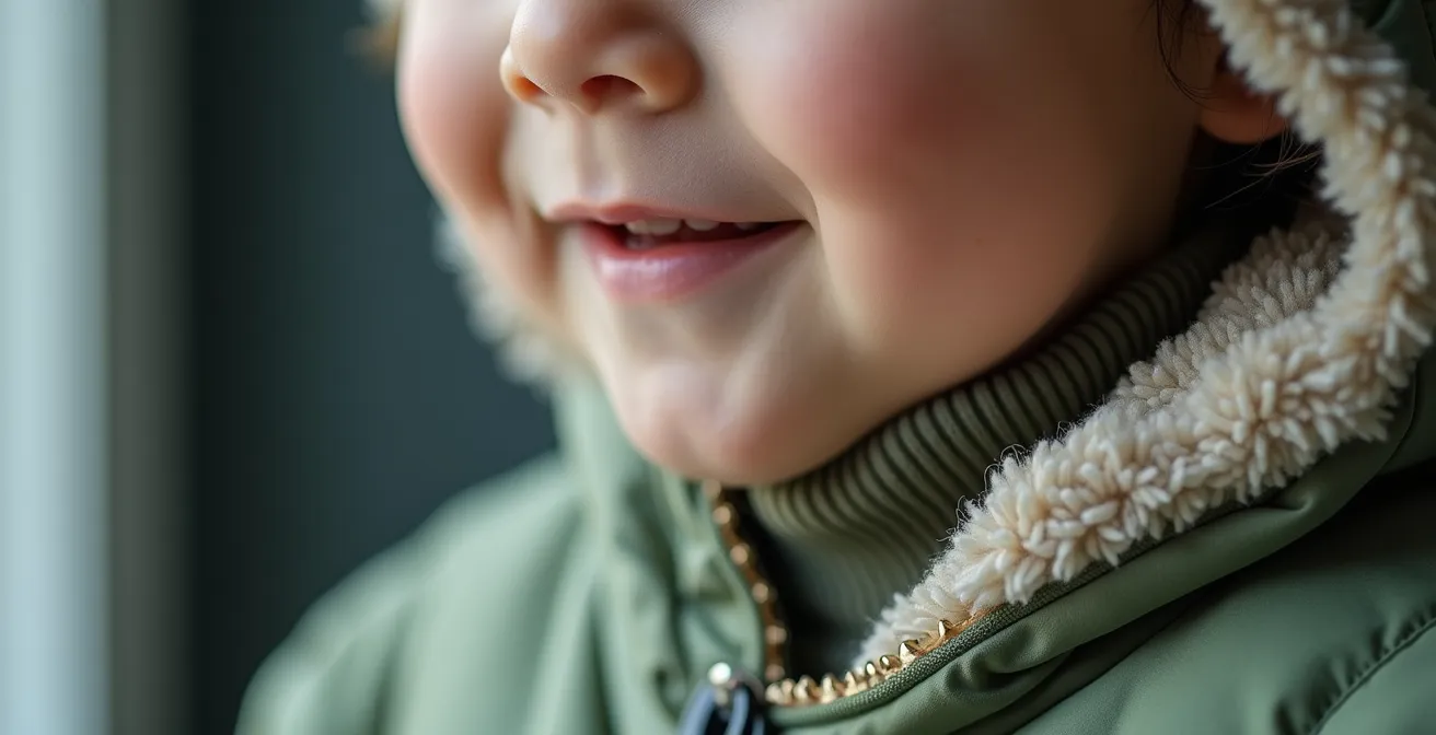 Close-up detail of proper winter layering system on a child for cold weather protection