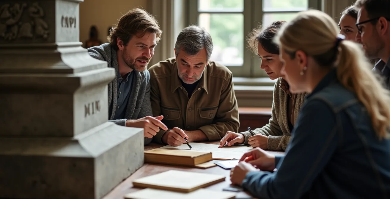 Heritage preservation experts examining historical plaques with Indigenous consultation