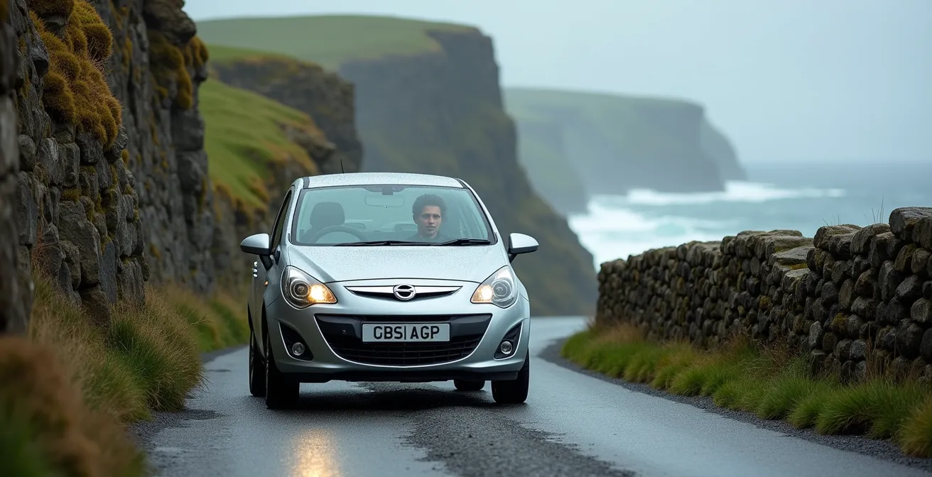 Small car navigating a single-track road along Irish coastal cliffs with stone walls on both sides
