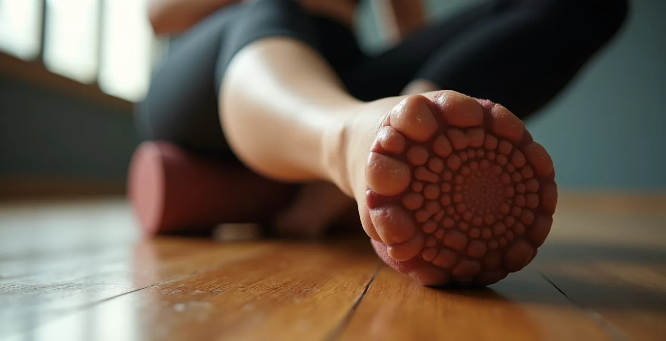 Irish dancer performing foam rolling recovery technique on studio floor