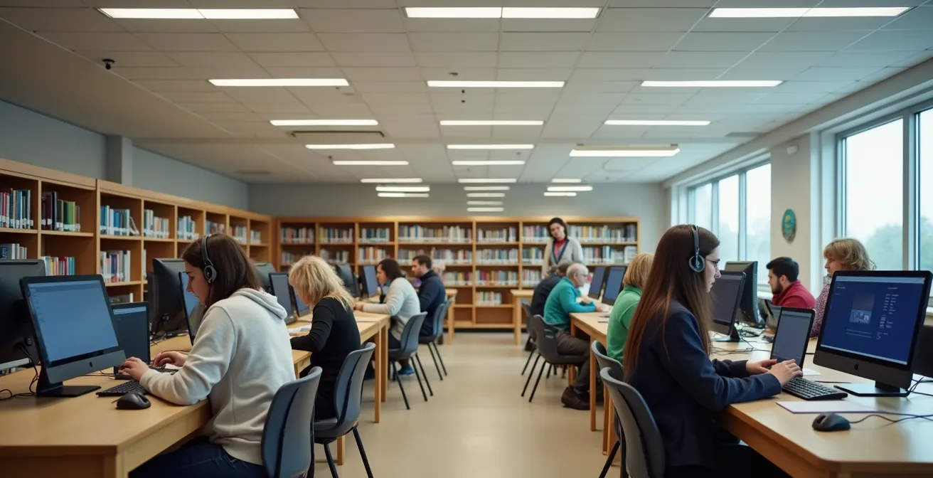 Community members using digital tools in a local library deliberation hub