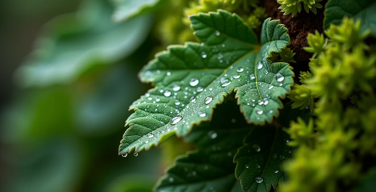 Extreme close-up of diverse native Irish and Canadian plants on vertical garden showing varied textures