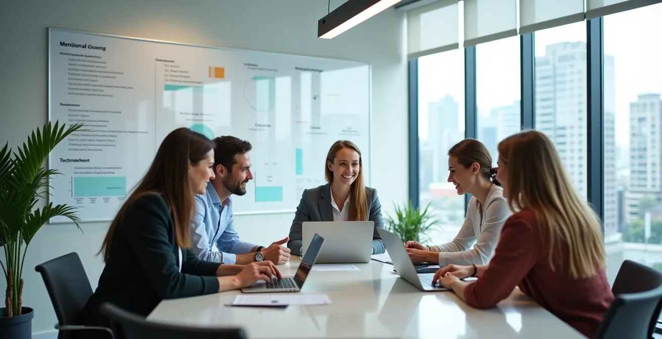 Group of diverse professionals collaborating around table with charts and laptops