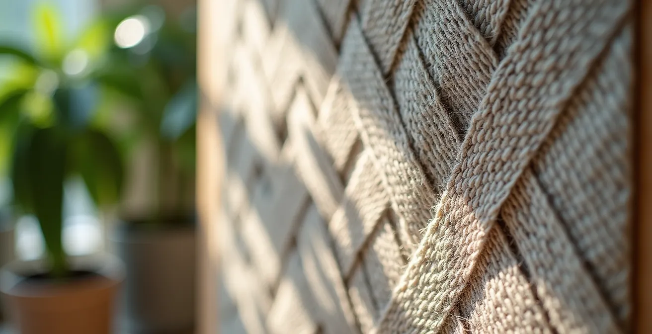 DIY acoustic panel with natural fabric showing Irish landscape pattern mounted on wall