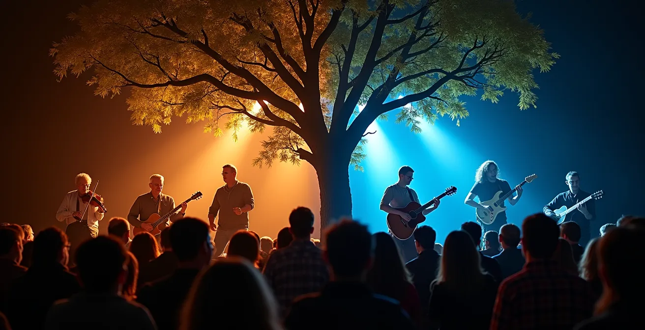Split scene showing traditional Celtic musicians with fiddles on left stage and Celtic rock band on right stage