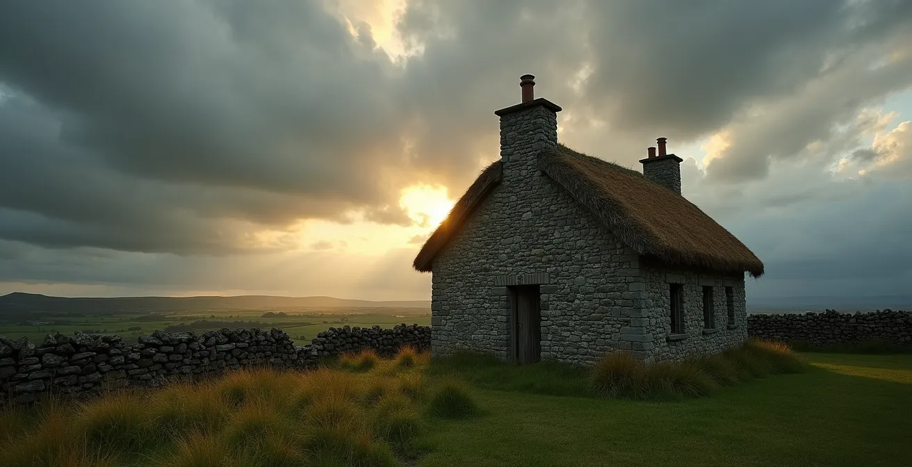 Abandoned stone cottage ruins in Irish countryside with dramatic sky, symbolizing forced emigration during the Great Famine