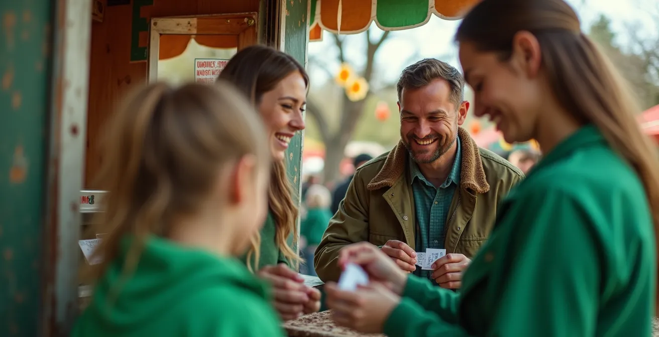 Festival ticket booth decorated with green shamrocks during St. Patrick's Day sale event