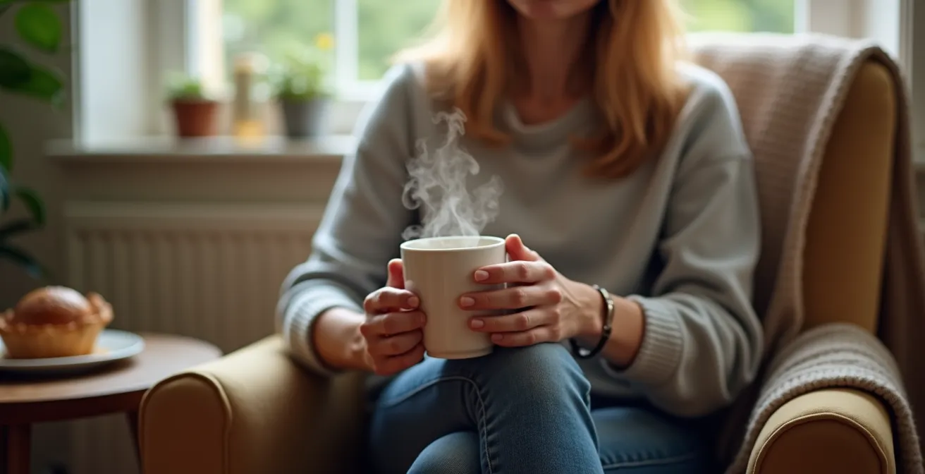 Cozy coffee corner with armchair and side table away from home office desk