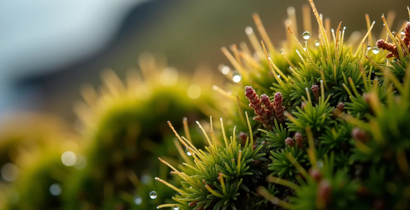 Close-up macro shot of delicate coastal moss and heath vegetation on Newfoundland clifftops showing intricate textures