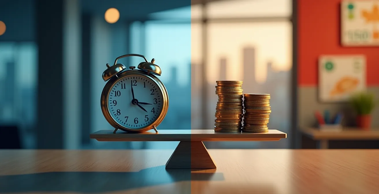 Split-screen composition showing hourly clock versus project milestone board with Canadian currency symbols