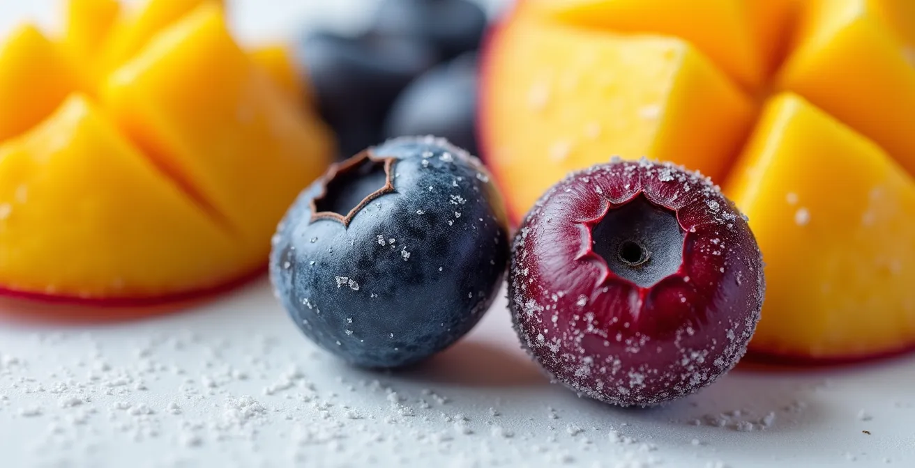 Macro shot of frozen wild blueberries and fresh imported mangoes showing texture contrast