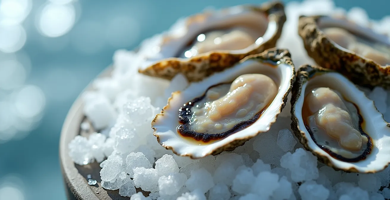 Fresh oysters on ice with Atlantic Ocean backdrop