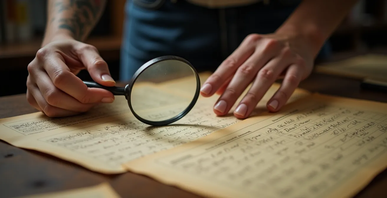 Researcher examining historical passenger lists and ship records in an archive setting with period documents spread on table