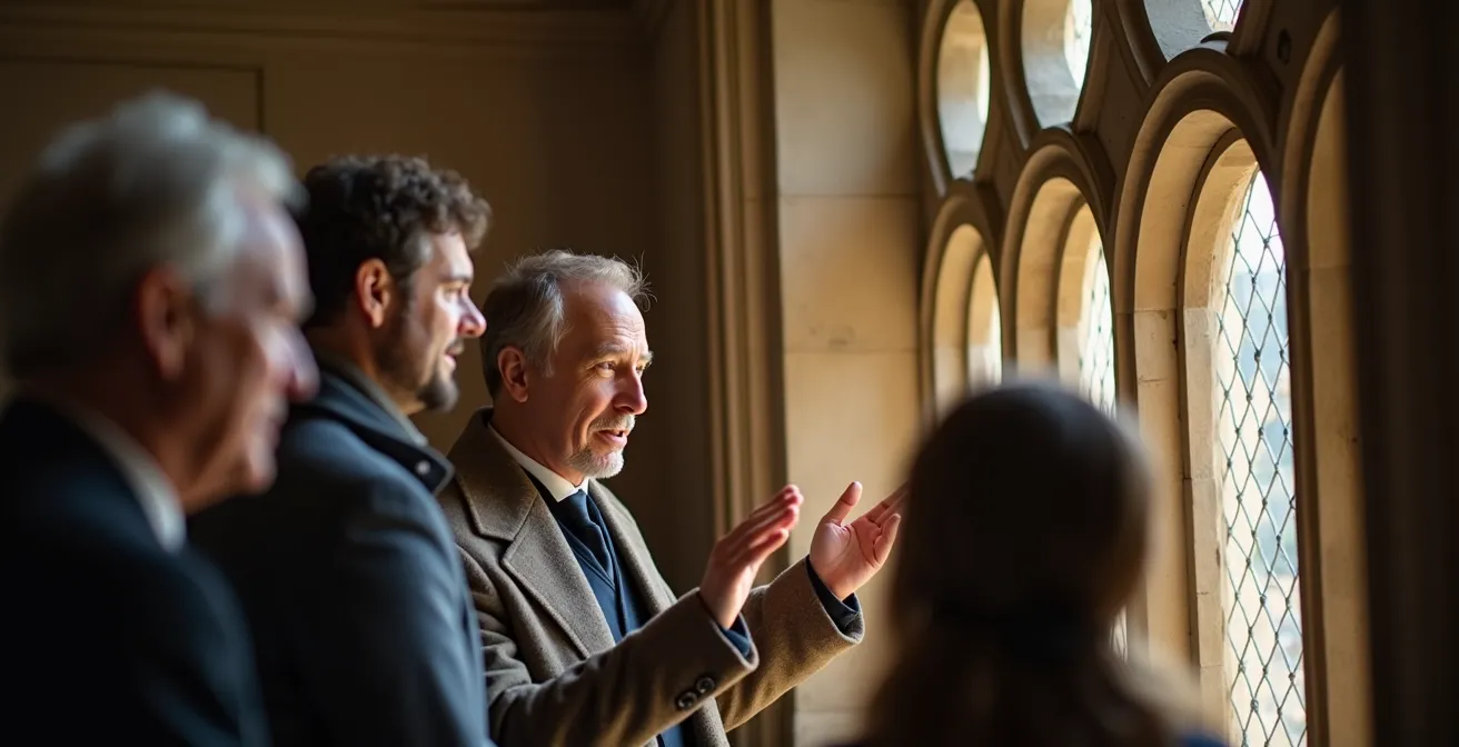 Tour guide explaining Georgian architectural details to a small group in a historic square