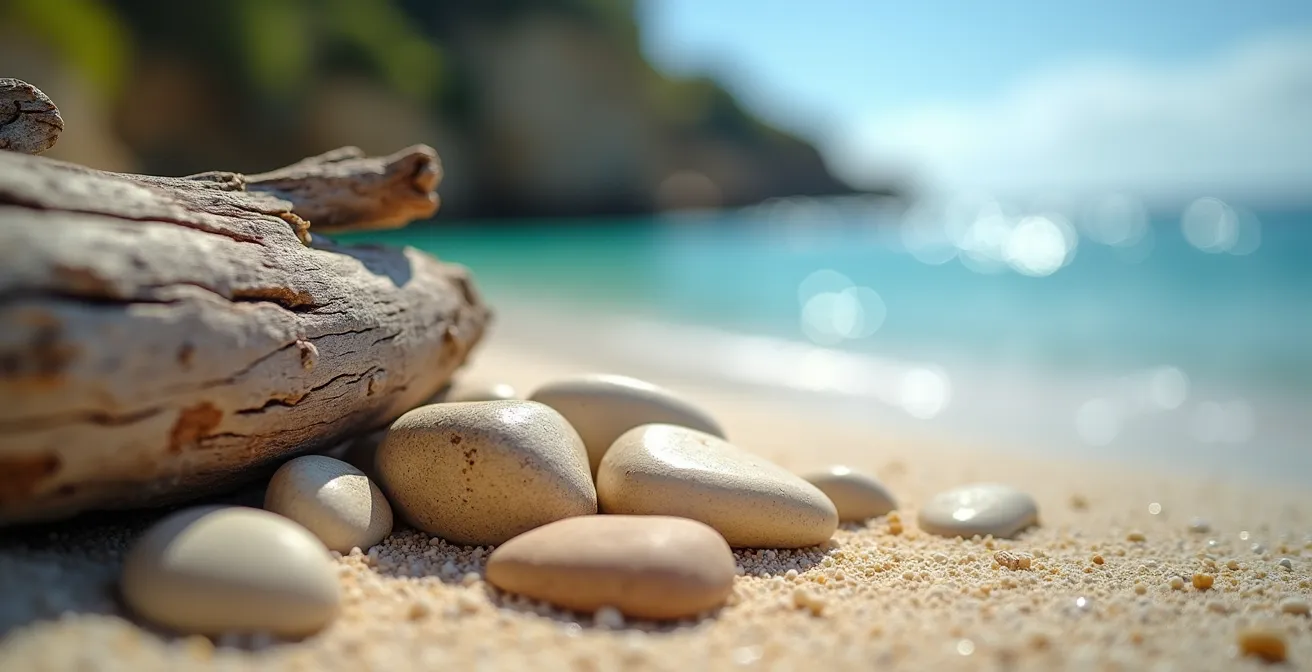 Secluded sandy cove framed by rocky cliffs with a narrow footpath leading down