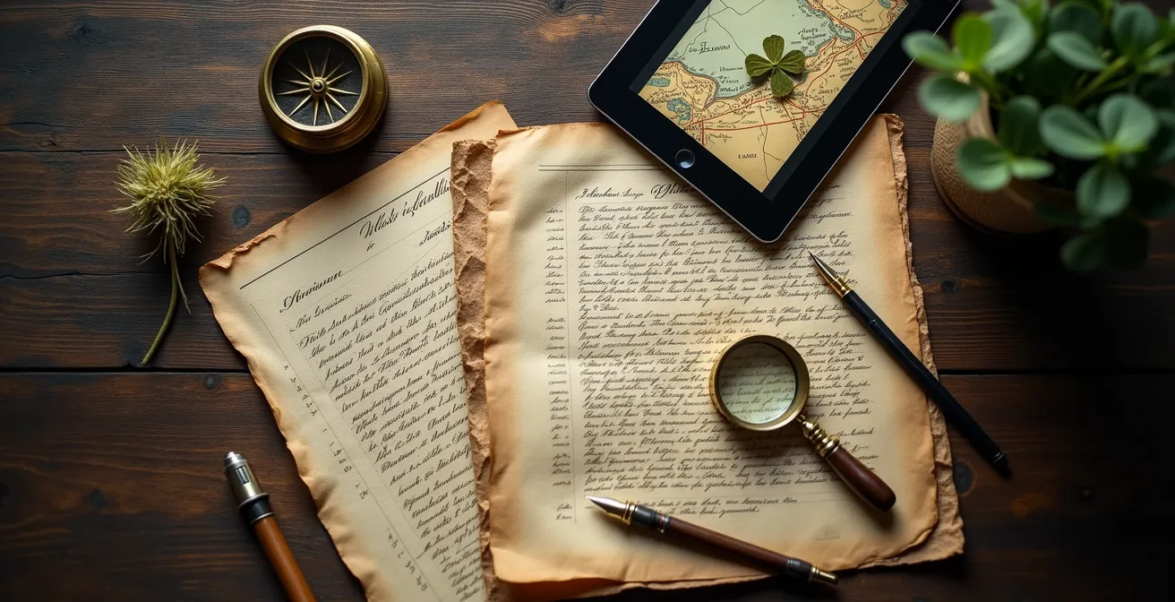 Overhead view of research table with genealogical documents, old maps, and magnifying glass