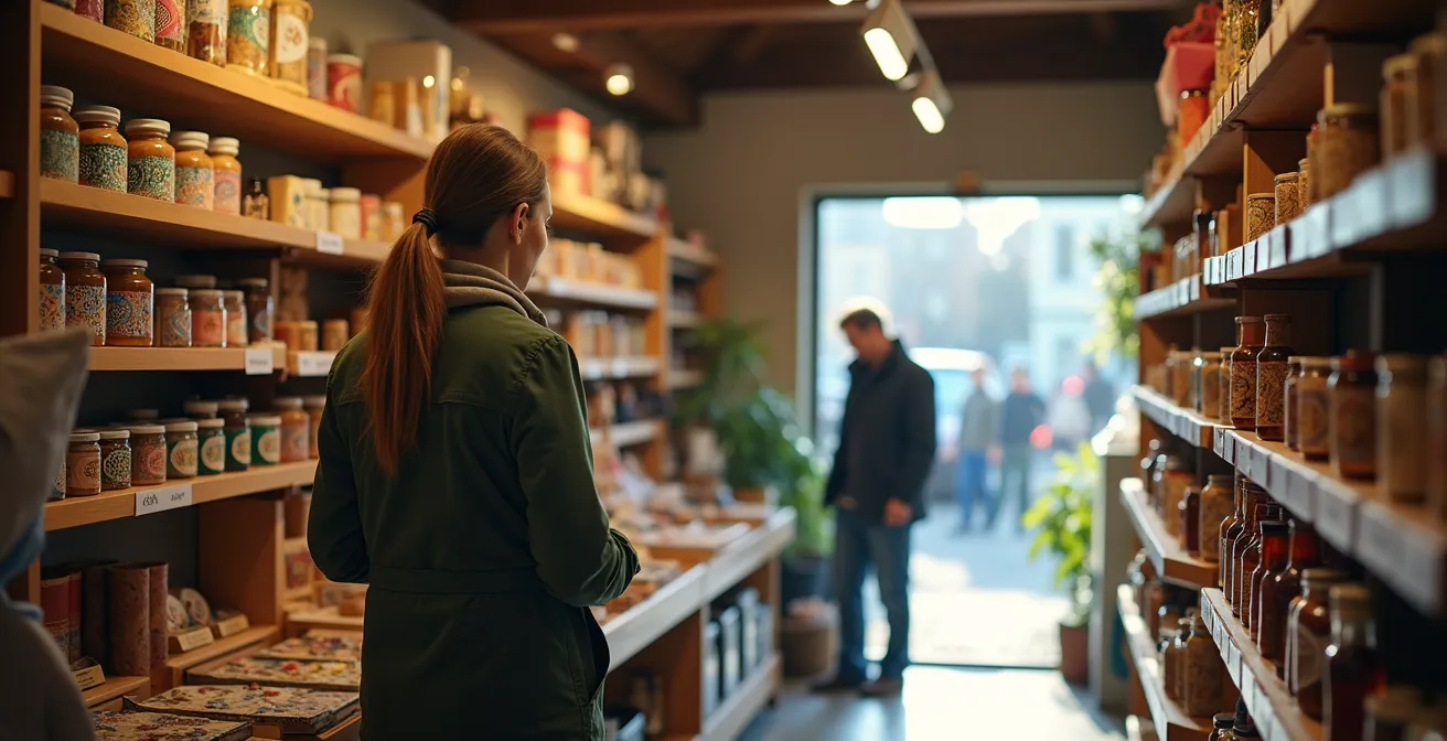 Small retailer checking inventory during busy tourist season