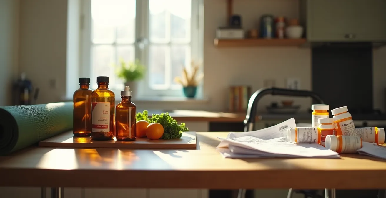 A visual split-screen showing a small monthly investment in supplements and healthy food versus a large pile of future medical bills.