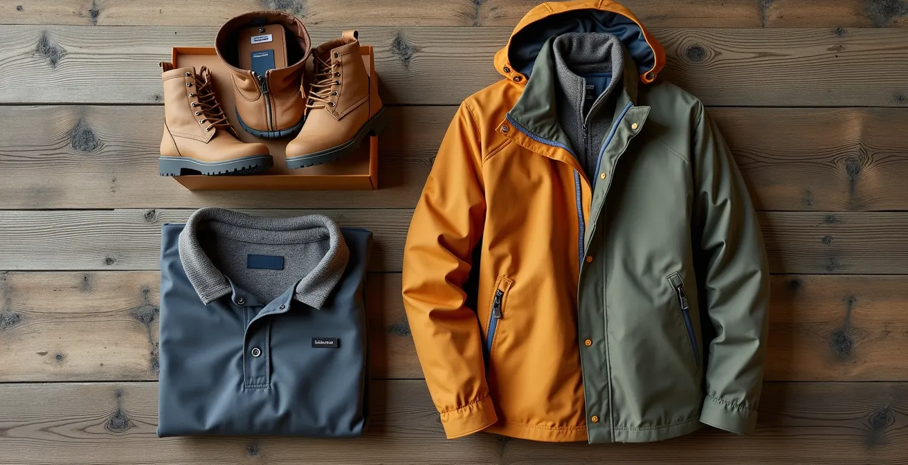 Festival-goer's weatherproof outfit laid flat