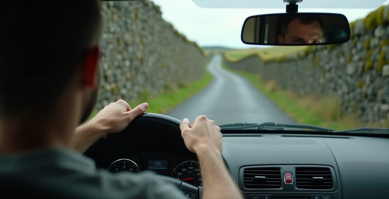 Narrow Irish country road with stone walls