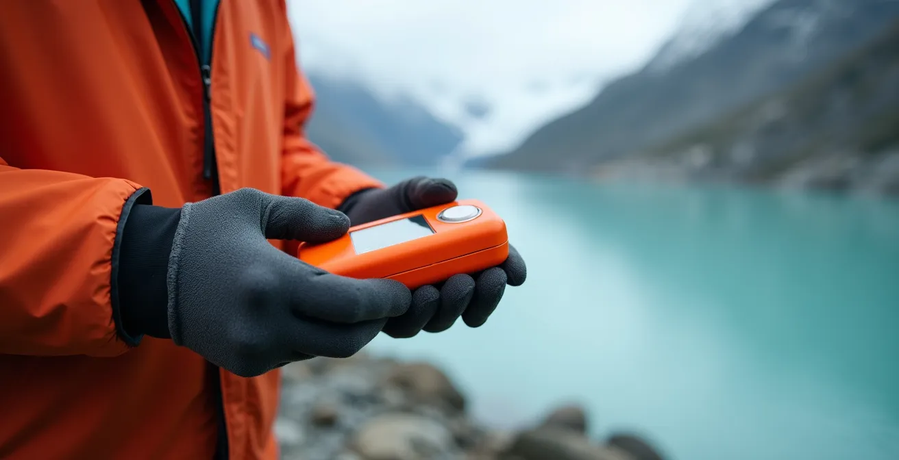 Kayaker's hands holding waterproof emergency communication device against backdrop of remote glacial lake
