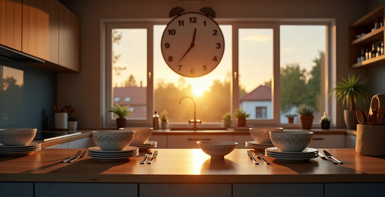 Kitchen scene at dusk showing a clock indicating early evening meal time with natural lighting