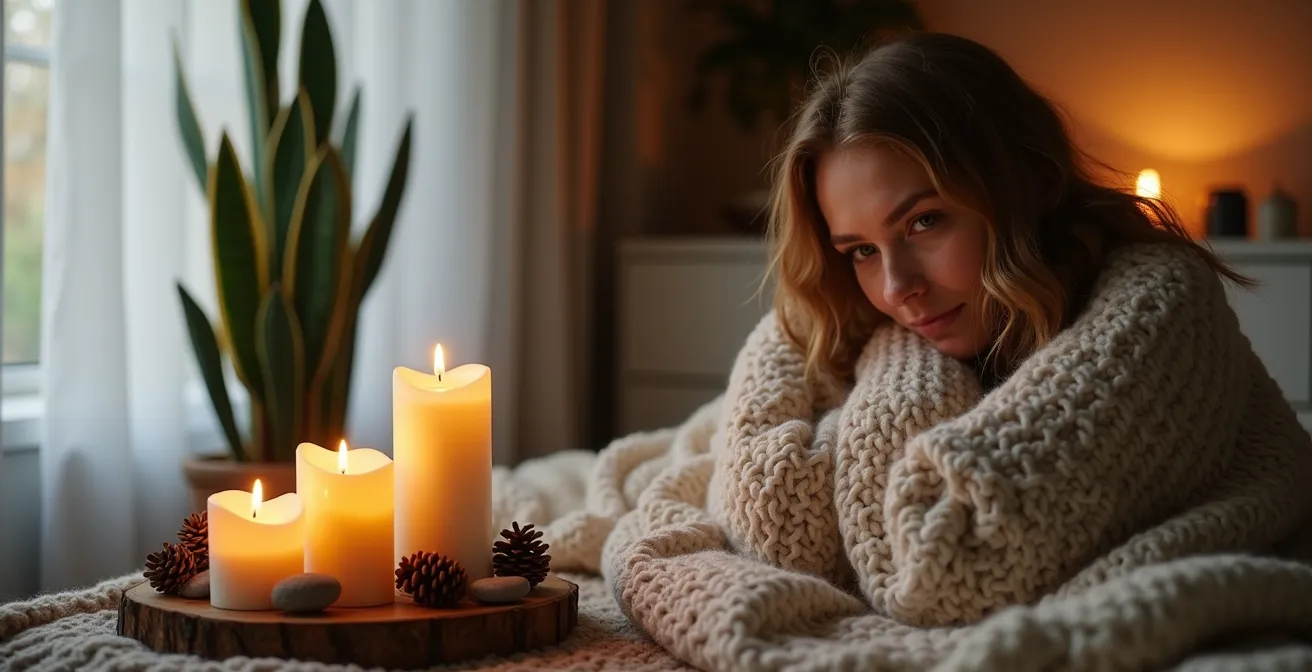 Warm cozy corner with LED candles, wooden tray, pinecones and soft textiles