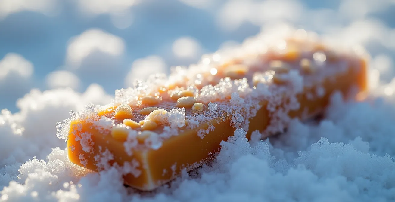 Extreme close-up of frozen energy bar showing ice crystal formation on surface texture