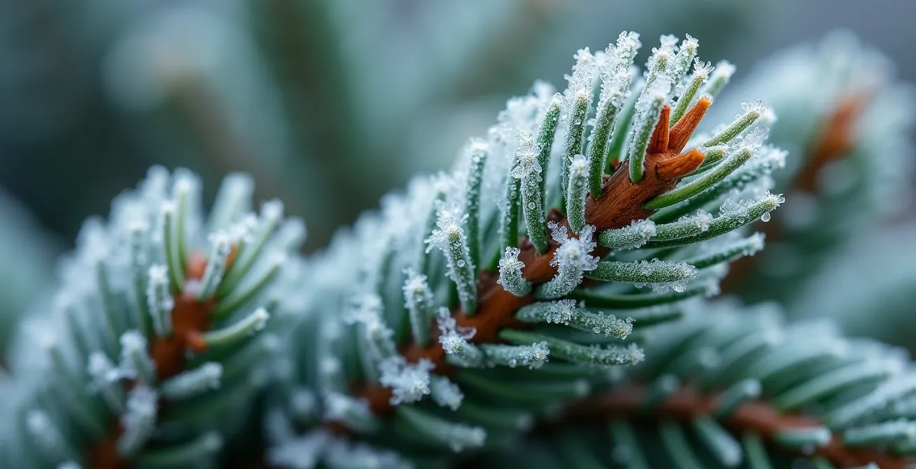 Extreme close-up of frozen pine needles with intricate ice crystal formations