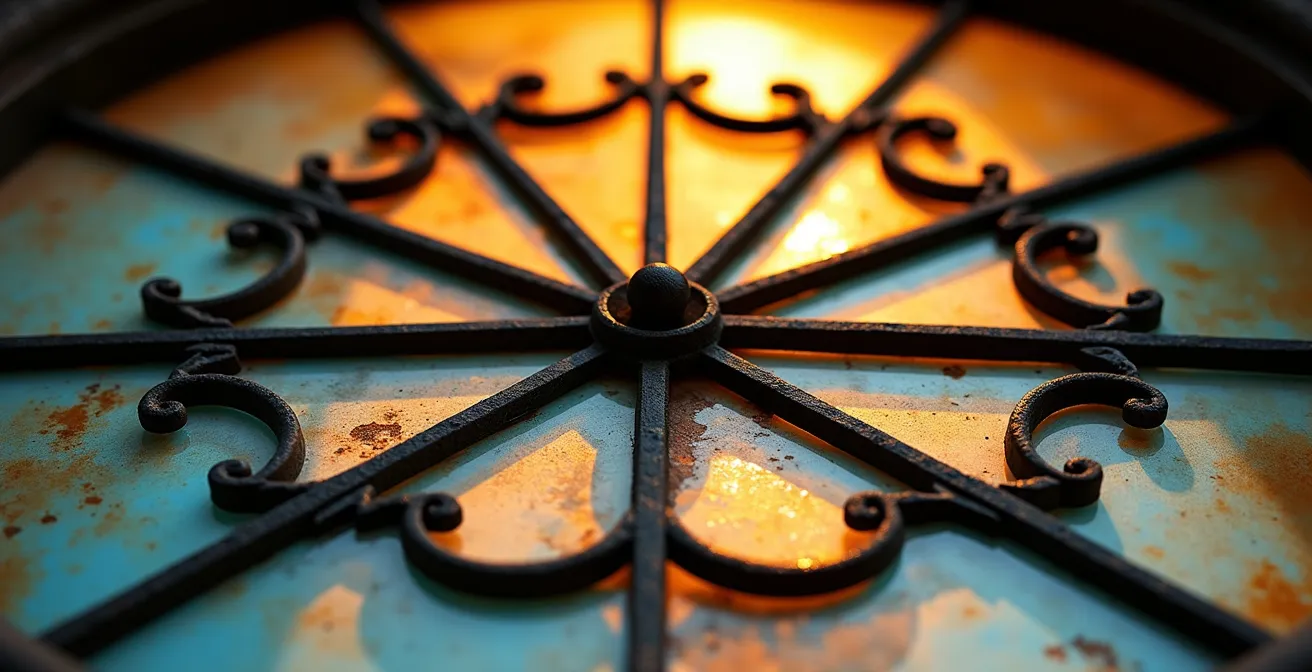 Extreme close-up of Georgian fanlight window tracery showing intricate metalwork patterns