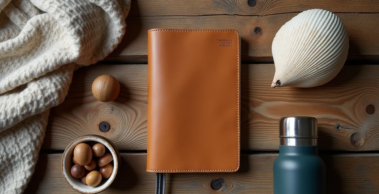 Essential gear laid out on a wooden cabin floor for a BC forest retreat, including wool layers, a journal, and a thermos.