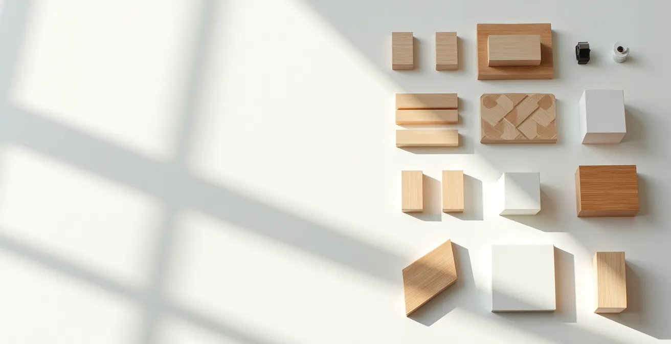 Overhead view of modular product components arranged systematically on minimalist workbench