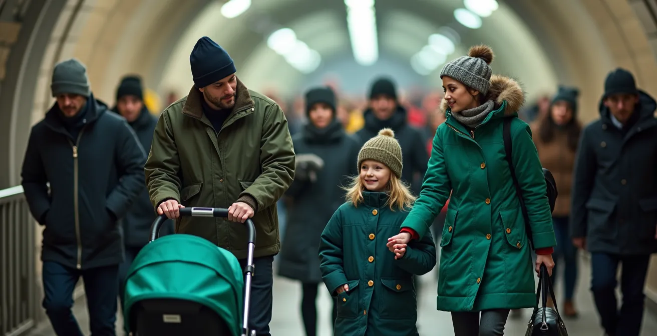 Families navigating a busy Montreal metro station entrance during St. Patrick's Day