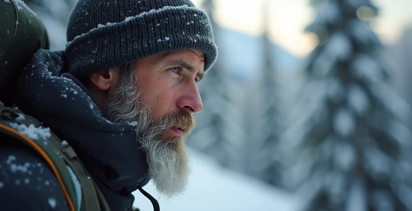 Close-up portrait of mountaineer with fully loaded winter pack showing proper fit and load distribution