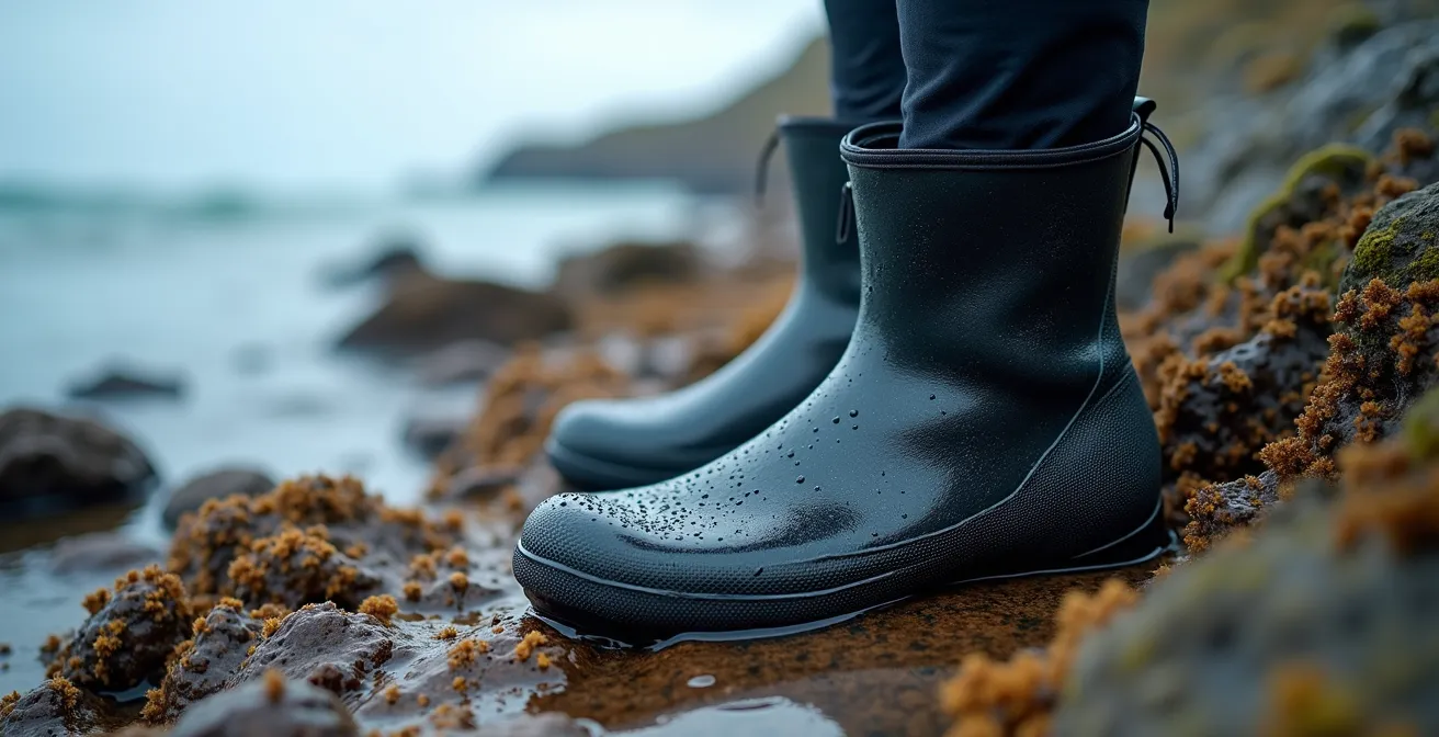 Close-up of neoprene booties on rocky Irish coastline with Atlantic waves