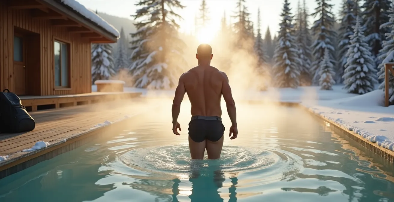 Rucker entering cold plunge pool at outdoor spa facility