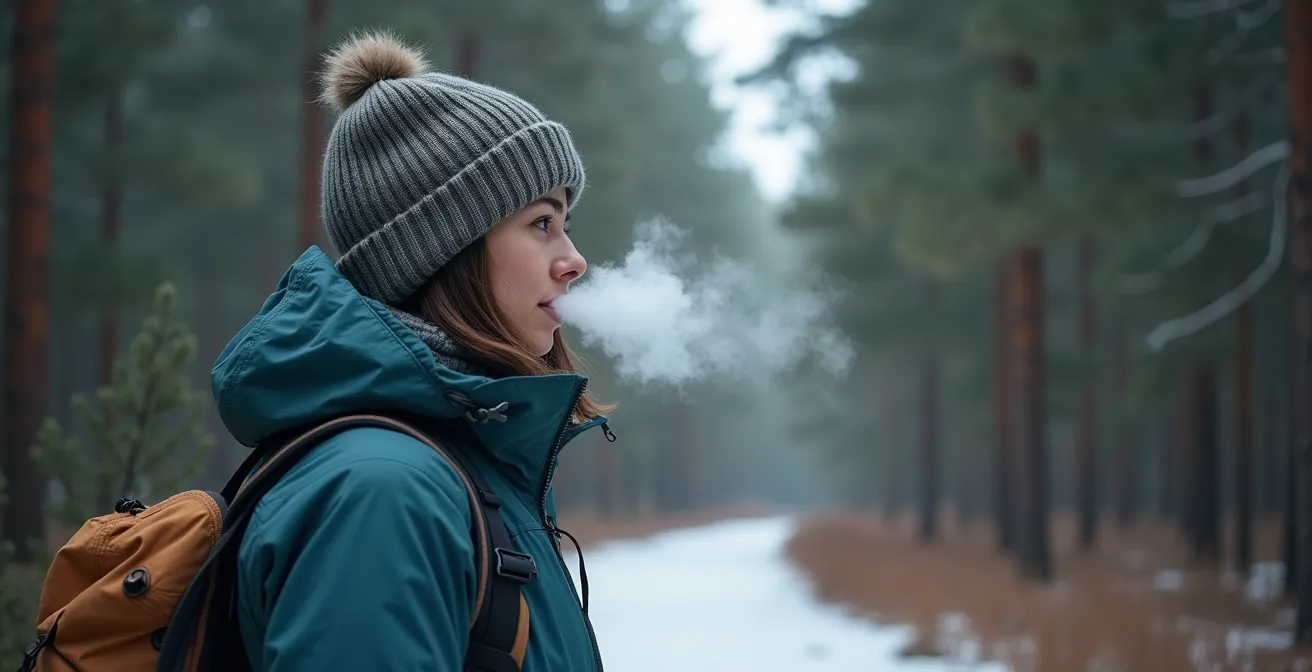 Distant figure in winter forest with visible breath mist in cold air