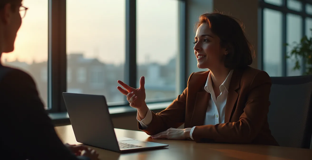 Professional presenting digital portfolio to potential employers